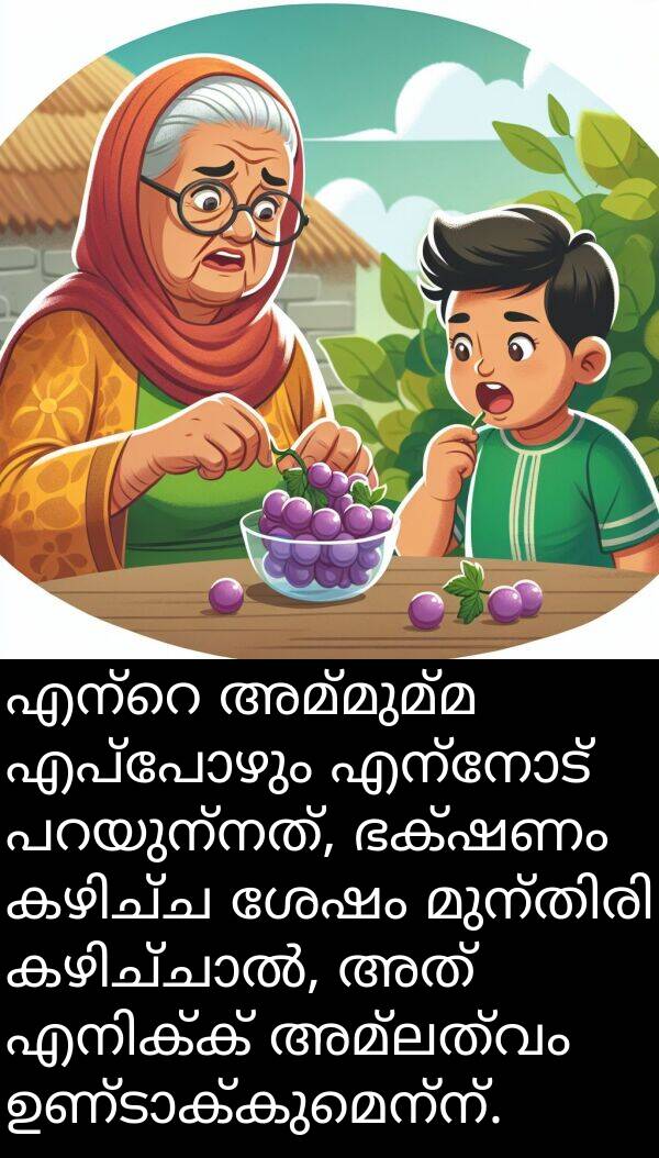 അമ്മുമ്മ: എന്റെ അമ്മുമ്മ എപ്പോഴും എന്നോട് പറയുന്നത്, ഭക്ഷണം കഴിച്ച ശേഷം മുന്തിരി കഴിച്ചാൽ, അത് എനിക്ക് അമ്ലത്വം ഉണ്ടാക്കുമെന്ന്.