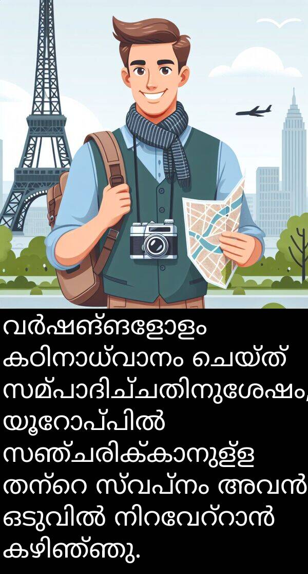 സ്വപ്നം: വർഷങ്ങളോളം കഠിനാധ്വാനം ചെയ്ത് സമ്പാദിച്ചതിനുശേഷം, യൂറോപ്പിൽ സഞ്ചരിക്കാനുള്ള തന്റെ സ്വപ്നം അവൻ ഒടുവിൽ നിറവേറ്റാൻ കഴിഞ്ഞു.