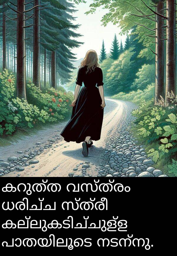 നടന്നു: കറുത്ത വസ്ത്രം ധരിച്ച സ്ത്രീ കല്ലുകടിച്ചുള്ള പാതയിലൂടെ നടന്നു.