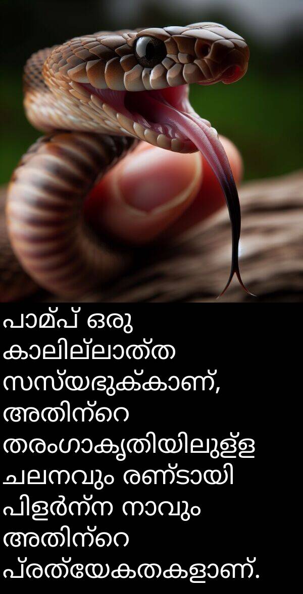 ചലനവും: പാമ്പ് ഒരു കാലില്ലാത്ത സസ്യഭുക്കാണ്, അതിന്റെ തരംഗാകൃതിയിലുള്ള ചലനവും രണ്ടായി പിളർന്ന നാവും അതിന്റെ പ്രത്യേകതകളാണ്.