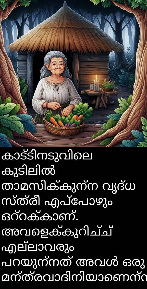 സ്ത്രീ: കാട്ടിനടുവിലെ കുടിലിൽ താമസിക്കുന്ന വൃദ്ധ സ്ത്രീ എപ്പോഴും ഒറ്റക്കാണ്. അവളെക്കുറിച്ച് എല്ലാവരും പറയുന്നത് അവൾ ഒരു മന്ത്രവാദിനിയാണെന്ന്.