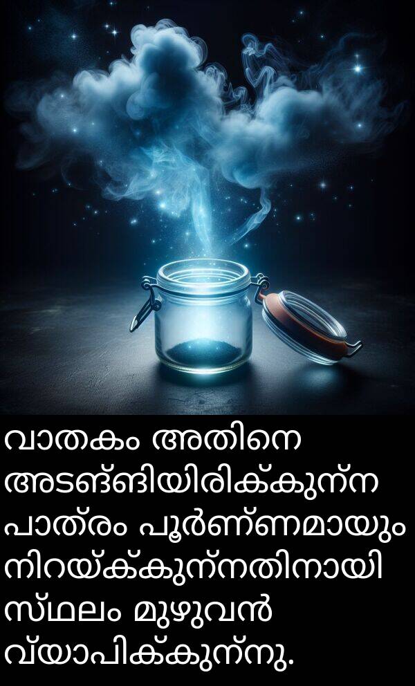 സ്ഥലം: വാതകം അതിനെ അടങ്ങിയിരിക്കുന്ന പാത്രം പൂർണ്ണമായും നിറയ്ക്കുന്നതിനായി സ്ഥലം മുഴുവൻ വ്യാപിക്കുന്നു.