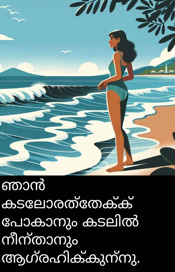 കടലോരത്തേക്ക്: ഞാൻ കടലോരത്തേക്ക് പോകാനും കടലിൽ നീന്താനും ആഗ്രഹിക്കുന്നു.