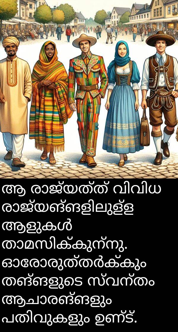 തങ്ങളുടെ: ആ രാജ്യത്ത് വിവിധ രാജ്യങ്ങളിലുള്ള ആളുകൾ താമസിക്കുന്നു. ഓരോരുത്തർക്കും തങ്ങളുടെ സ്വന്തം ആചാരങ്ങളും പതിവുകളും ഉണ്ട്.