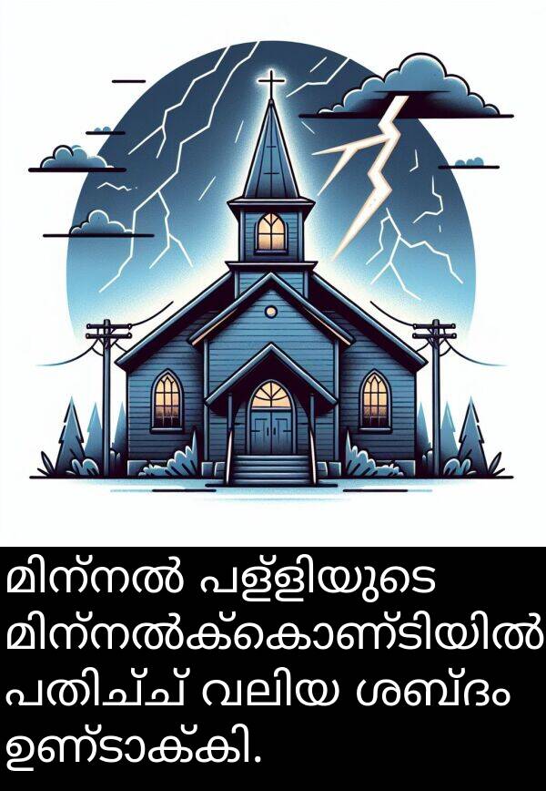 ശബ്ദം: മിന്നൽ പള്ളിയുടെ മിന്നൽക്കൊണ്ടിയിൽ പതിച്ച് വലിയ ശബ്ദം ഉണ്ടാക്കി.