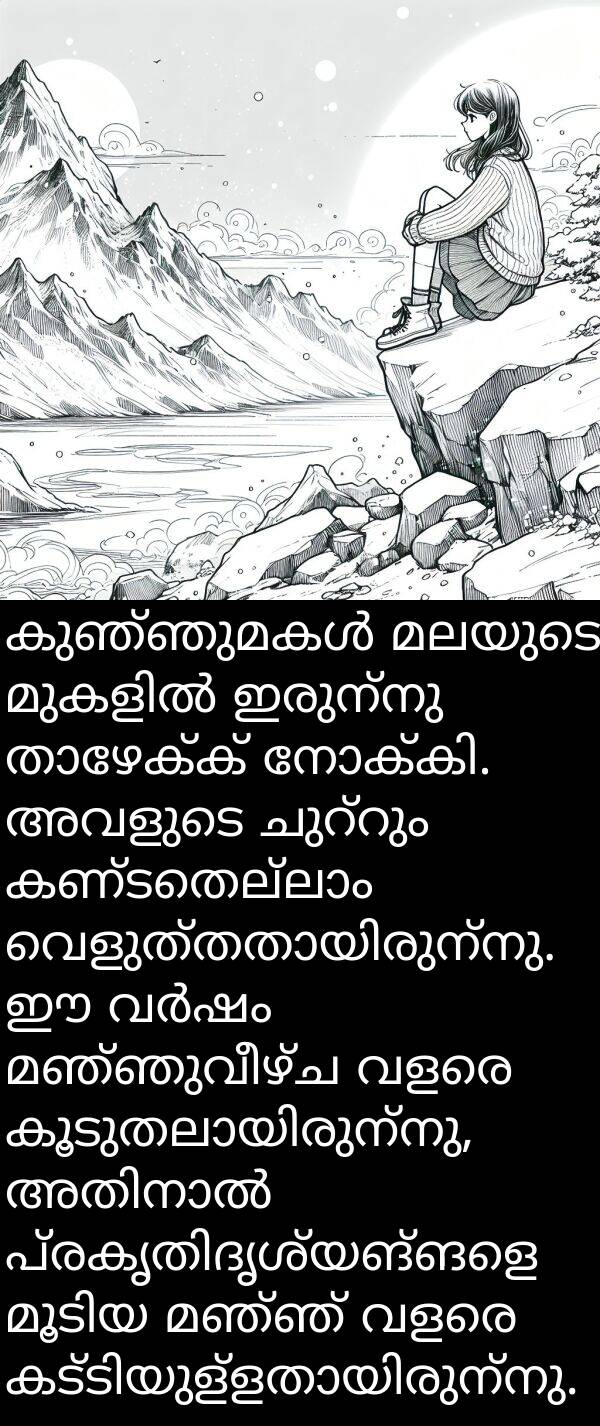 മലയുടെ: കുഞ്ഞുമകൾ മലയുടെ മുകളിൽ ഇരുന്നു താഴേക്ക് നോക്കി. അവളുടെ ചുറ്റും കണ്ടതെല്ലാം വെളുത്തതായിരുന്നു. ഈ വർഷം മഞ്ഞുവീഴ്ച വളരെ കൂടുതലായിരുന്നു, അതിനാൽ പ്രകൃതിദൃശ്യങ്ങളെ മൂടിയ മഞ്ഞ് വളരെ കട്ടിയുള്ളതായിരുന്നു.
