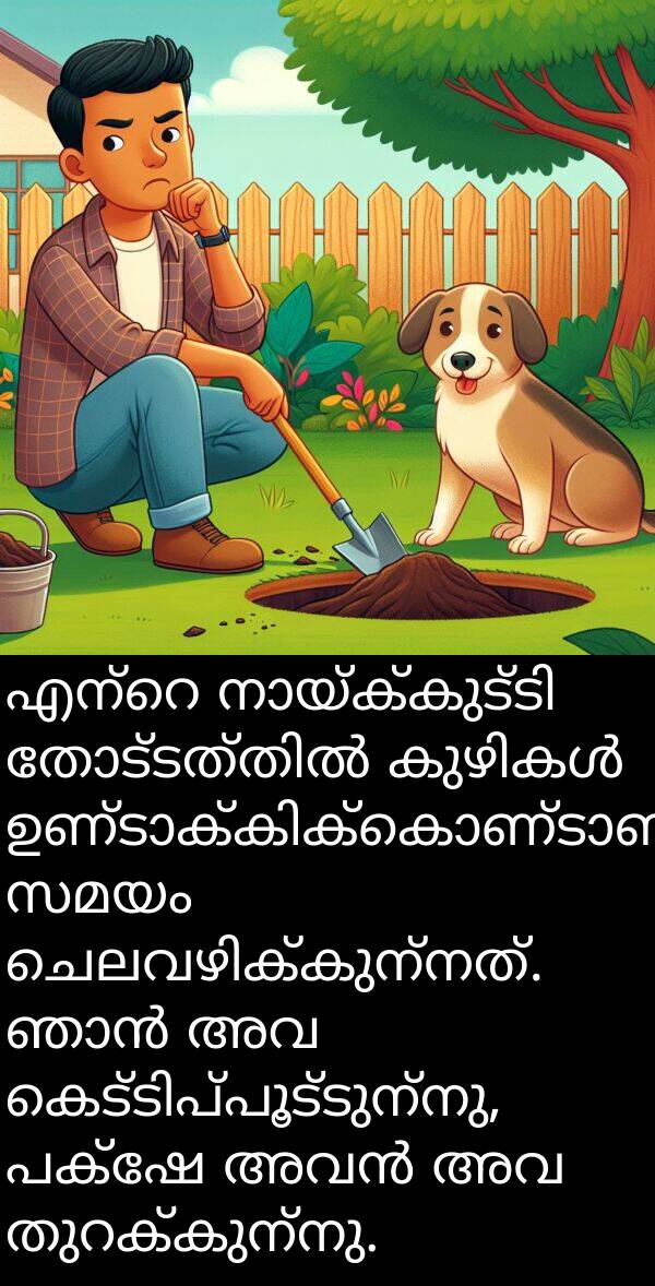 സമയം: എന്റെ നായ്ക്കുട്ടി തോട്ടത്തിൽ കുഴികൾ ഉണ്ടാക്കിക്കൊണ്ടാണ് സമയം ചെലവഴിക്കുന്നത്. ഞാൻ അവ കെട്ടിപ്പൂട്ടുന്നു, പക്ഷേ അവൻ അവ തുറക്കുന്നു.