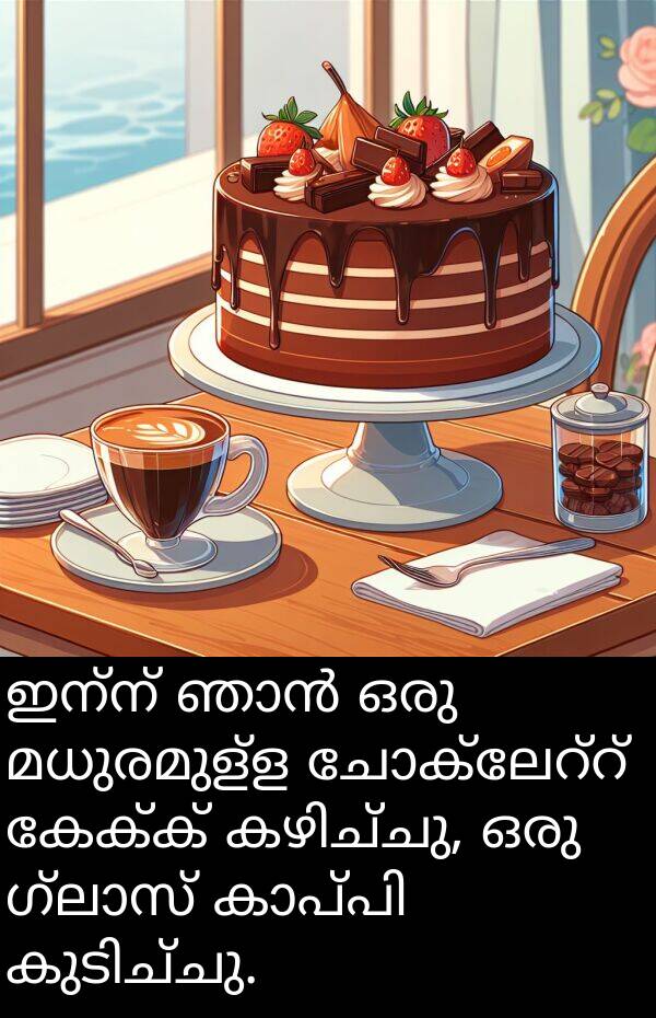ഇന്ന്: ഇന്ന് ഞാൻ ഒരു മധുരമുള്ള ചോക്ലേറ്റ് കേക്ക് കഴിച്ചു, ഒരു ഗ്ലാസ് കാപ്പി കുടിച്ചു.
