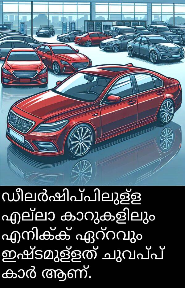 ചുവപ്പ്: ഡീലർഷിപ്പിലുള്ള എല്ലാ കാറുകളിലും എനിക്ക് ഏറ്റവും ഇഷ്ടമുള്ളത് ചുവപ്പ് കാർ ആണ്.