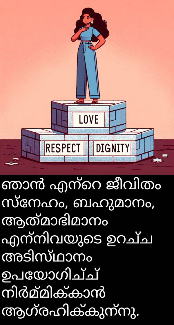 സ്നേഹം: ഞാൻ എന്റെ ജീവിതം സ്നേഹം, ബഹുമാനം, ആത്മാഭിമാനം എന്നിവയുടെ ഉറച്ച അടിസ്ഥാനം ഉപയോഗിച്ച് നിർമ്മിക്കാൻ ആഗ്രഹിക്കുന്നു.