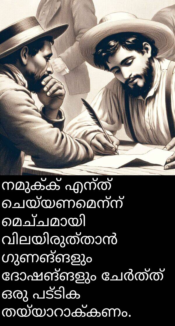 നമുക്ക്: നമുക്ക് എന്ത് ചെയ്യണമെന്ന് മെച്ചമായി വിലയിരുത്താൻ ഗുണങ്ങളും ദോഷങ്ങളും ചേർത്ത് ഒരു പട്ടിക തയ്യാറാക്കണം.