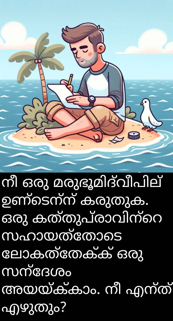 ലോകത്തേക്ക്: നീ ഒരു മരുഭൂമിദ്വീപില്‍ ഉണ്ടെന്ന് കരുതുക. ഒരു കത്തുപ്രാവിന്റെ സഹായത്തോടെ ലോകത്തേക്ക് ഒരു സന്ദേശം അയയ്ക്കാം. നീ എന്ത് എഴുതും?