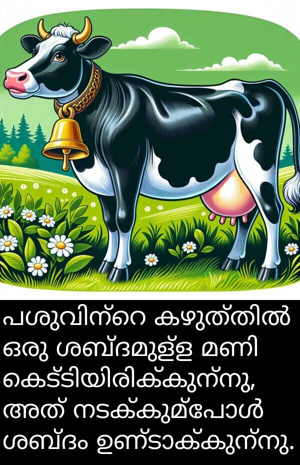 ശബ്ദം: പശുവിന്റെ കഴുത്തിൽ ഒരു ശബ്ദമുള്ള മണി കെട്ടിയിരിക്കുന്നു, അത് നടക്കുമ്പോൾ ശബ്ദം ഉണ്ടാക്കുന്നു.