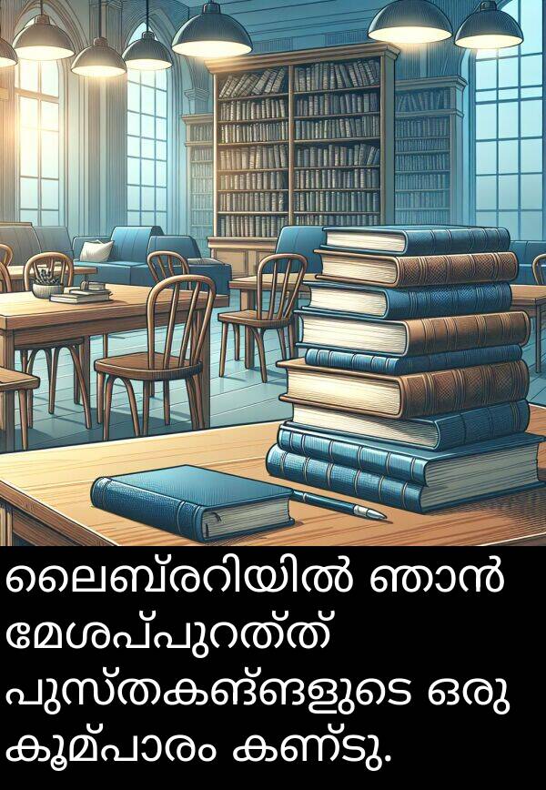 പുസ്തകങ്ങളുടെ: ലൈബ്രറിയിൽ ഞാൻ മേശപ്പുറത്ത് പുസ്തകങ്ങളുടെ ഒരു കൂമ്പാരം കണ്ടു.