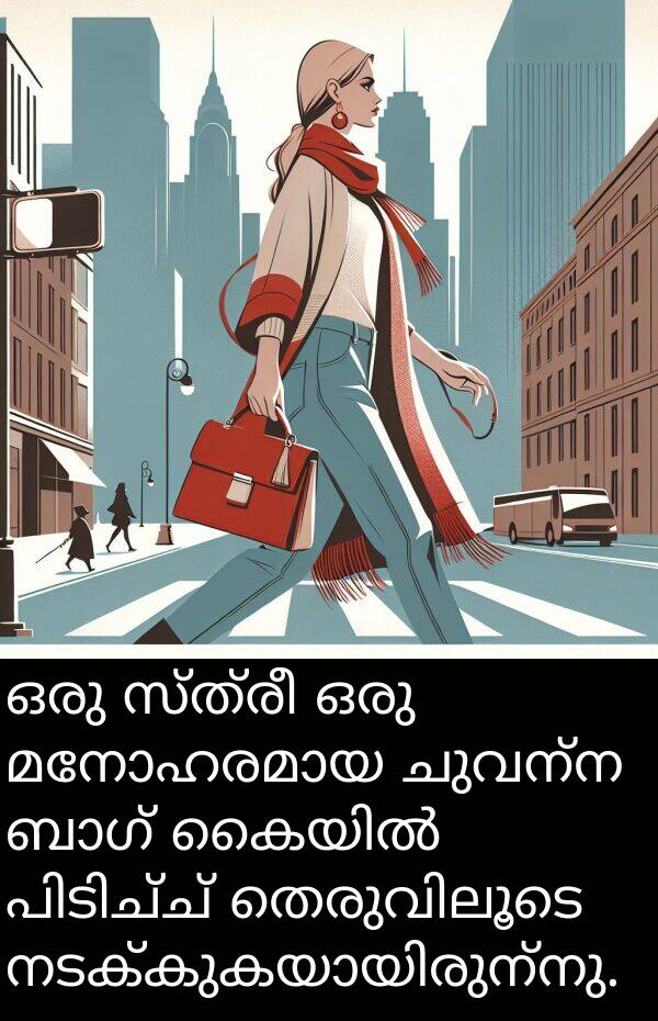 ചുവന്ന: ഒരു സ്ത്രീ ഒരു മനോഹരമായ ചുവന്ന ബാഗ് കൈയിൽ പിടിച്ച് തെരുവിലൂടെ നടക്കുകയായിരുന്നു.