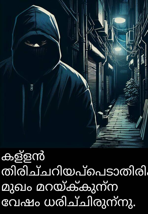 വേഷം: കള്ളൻ തിരിച്ചറിയപ്പെടാതിരിക്കാൻ മുഖം മറയ്ക്കുന്ന വേഷം ധരിച്ചിരുന്നു.