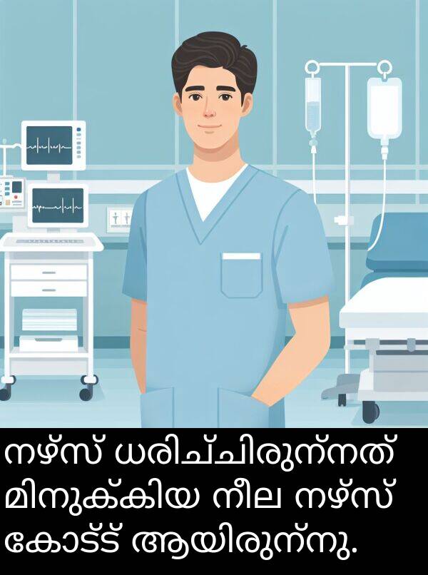 നീല: നഴ്‌സ് ധരിച്ചിരുന്നത് മിനുക്കിയ നീല നഴ്‌സ് കോട്ട് ആയിരുന്നു.
