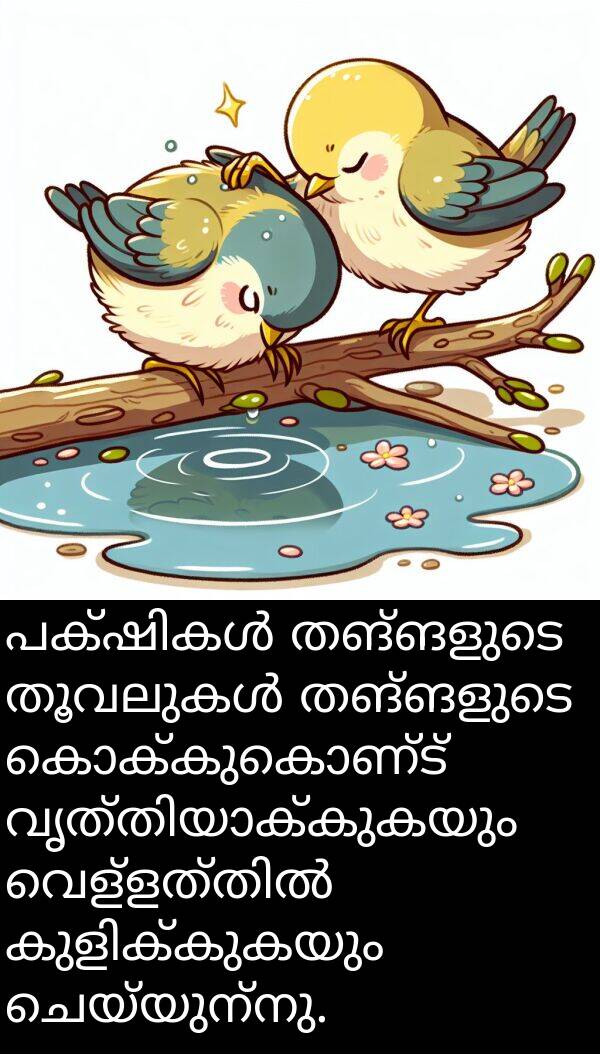 ചെയ്യുന്നു: പക്ഷികൾ തങ്ങളുടെ തൂവലുകൾ തങ്ങളുടെ കൊക്കുകൊണ്ട് വൃത്തിയാക്കുകയും വെള്ളത്തിൽ കുളിക്കുകയും ചെയ്യുന്നു.