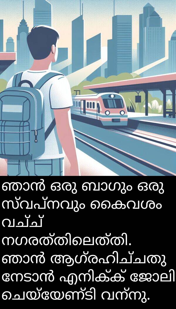 വച്ച്: ഞാൻ ഒരു ബാഗും ഒരു സ്വപ്നവും കൈവശം വച്ച് നഗരത്തിലെത്തി. ഞാൻ ആഗ്രഹിച്ചതു നേടാൻ എനിക്ക് ജോലി ചെയ്യേണ്ടി വന്നു.