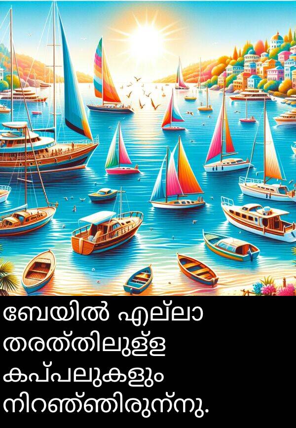 കപ്പലുകളും: ബേയിൽ എല്ലാ തരത്തിലുള്ള കപ്പലുകളും നിറഞ്ഞിരുന്നു.