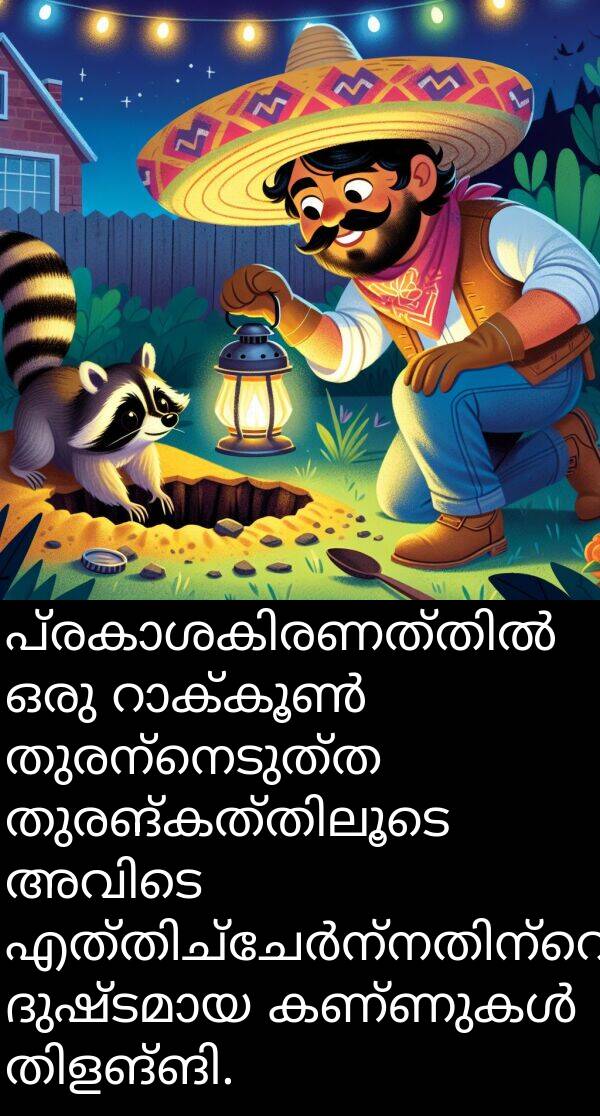 തുരന്നെടുത്ത: പ്രകാശകിരണത്തിൽ ഒരു റാക്കൂൺ തുരന്നെടുത്ത തുരങ്കത്തിലൂടെ അവിടെ എത്തിച്ചേർന്നതിന്റെ ദുഷ്ടമായ കണ്ണുകൾ തിളങ്ങി.