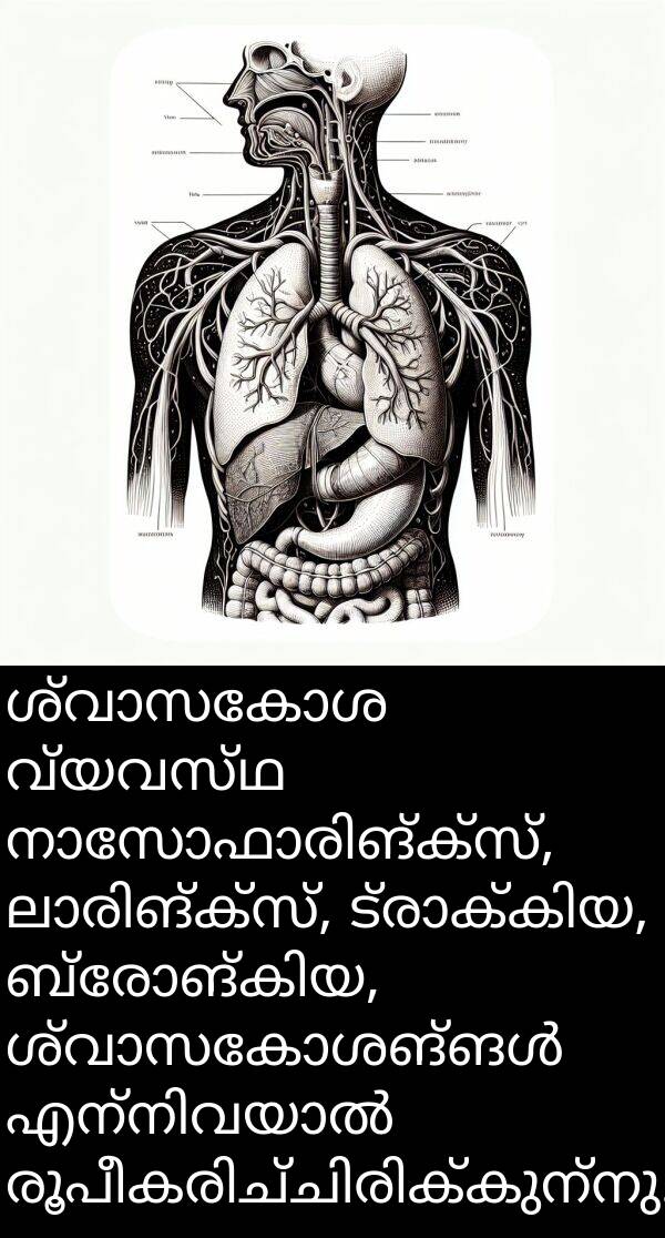 വ്യവസ്ഥ: ശ്വാസകോശ വ്യവസ്ഥ നാസോഫാരിങ്ക്സ്, ലാരിങ്ക്സ്, ട്രാക്കിയ, ബ്രോങ്കിയ, ശ്വാസകോശങ്ങൾ എന്നിവയാൽ രൂപീകരിച്ചിരിക്കുന്നു.