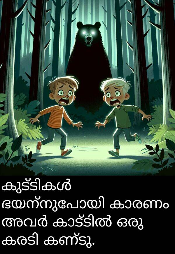 കണ്ടു: കുട്ടികൾ ഭയന്നുപോയി കാരണം അവർ കാട്ടിൽ ഒരു കരടി കണ്ടു.