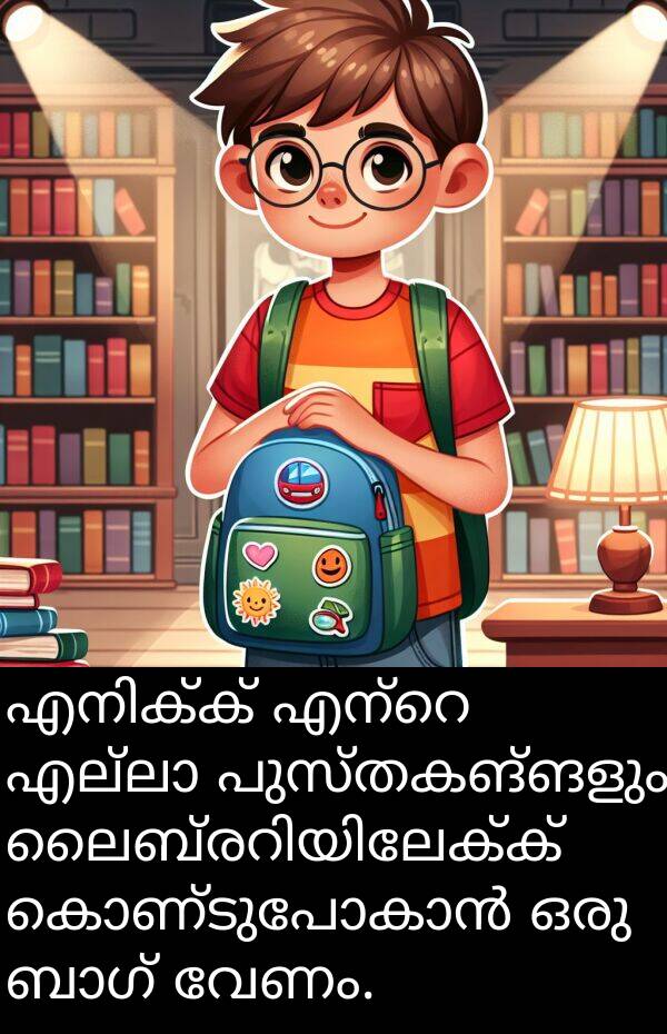 വേണം: എനിക്ക് എന്റെ എല്ലാ പുസ്തകങ്ങളും ലൈബ്രറിയിലേക്ക് കൊണ്ടുപോകാൻ ഒരു ബാഗ് വേണം.