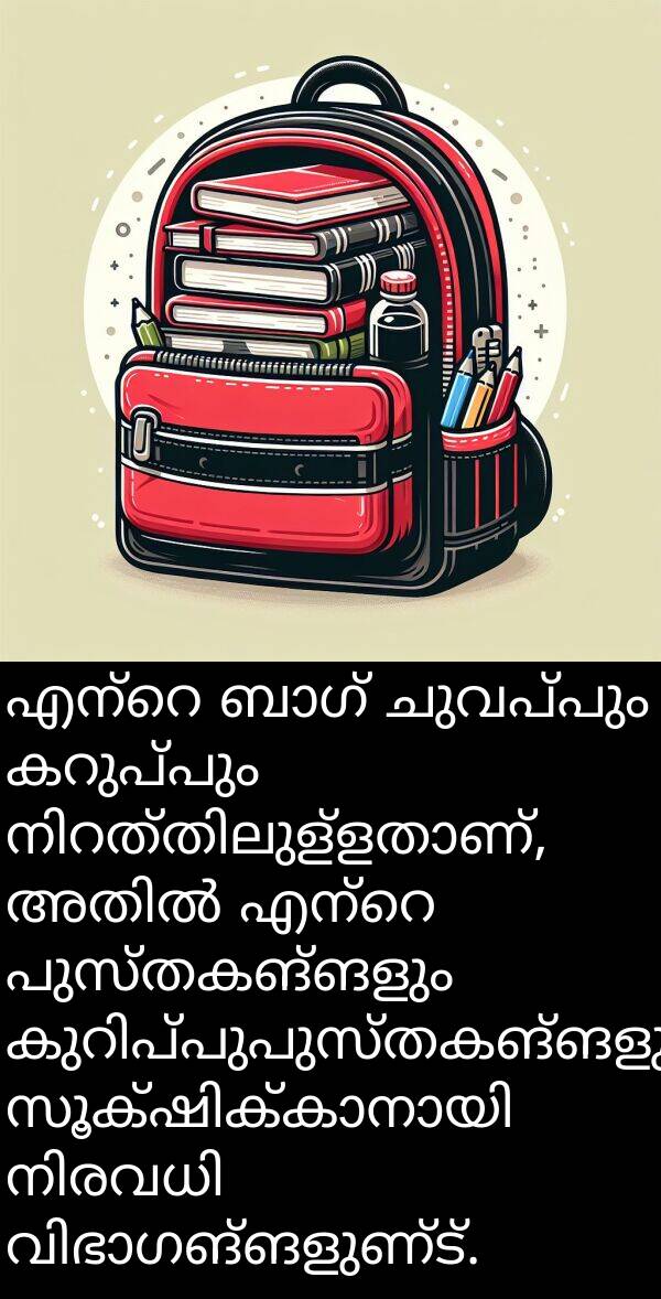 ചുവപ്പും: എന്റെ ബാഗ് ചുവപ്പും കറുപ്പും നിറത്തിലുള്ളതാണ്, അതിൽ എന്റെ പുസ്തകങ്ങളും കുറിപ്പുപുസ്തകങ്ങളും സൂക്ഷിക്കാനായി നിരവധി വിഭാഗങ്ങളുണ്ട്.