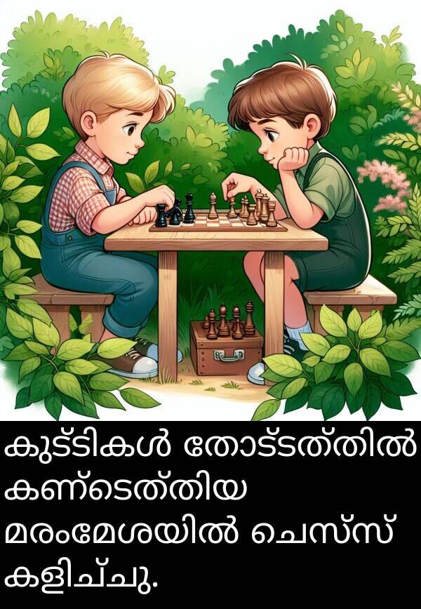 ചെസ്സ്: കുട്ടികൾ തോട്ടത്തിൽ കണ്ടെത്തിയ മരംമേശയിൽ ചെസ്സ് കളിച്ചു.