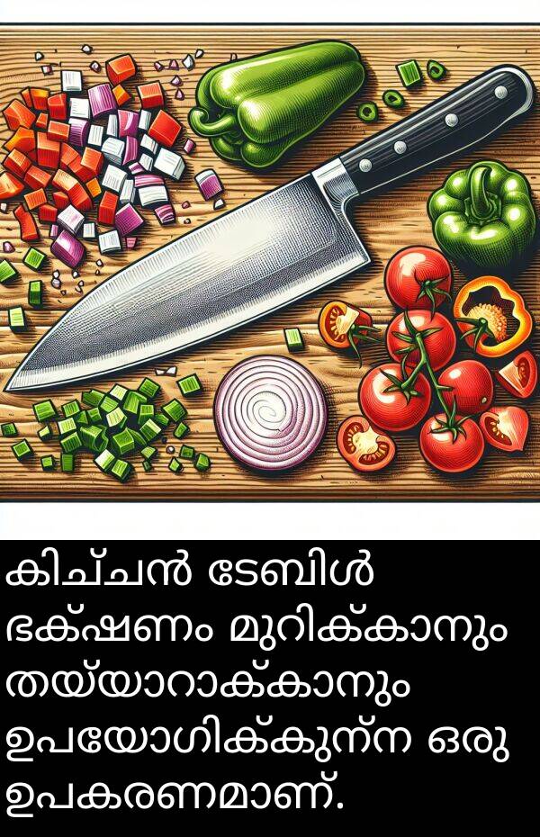 ഭക്ഷണം: കിച്ചൻ ടേബിൾ ഭക്ഷണം മുറിക്കാനും തയ്യാറാക്കാനും ഉപയോഗിക്കുന്ന ഒരു ഉപകരണമാണ്.