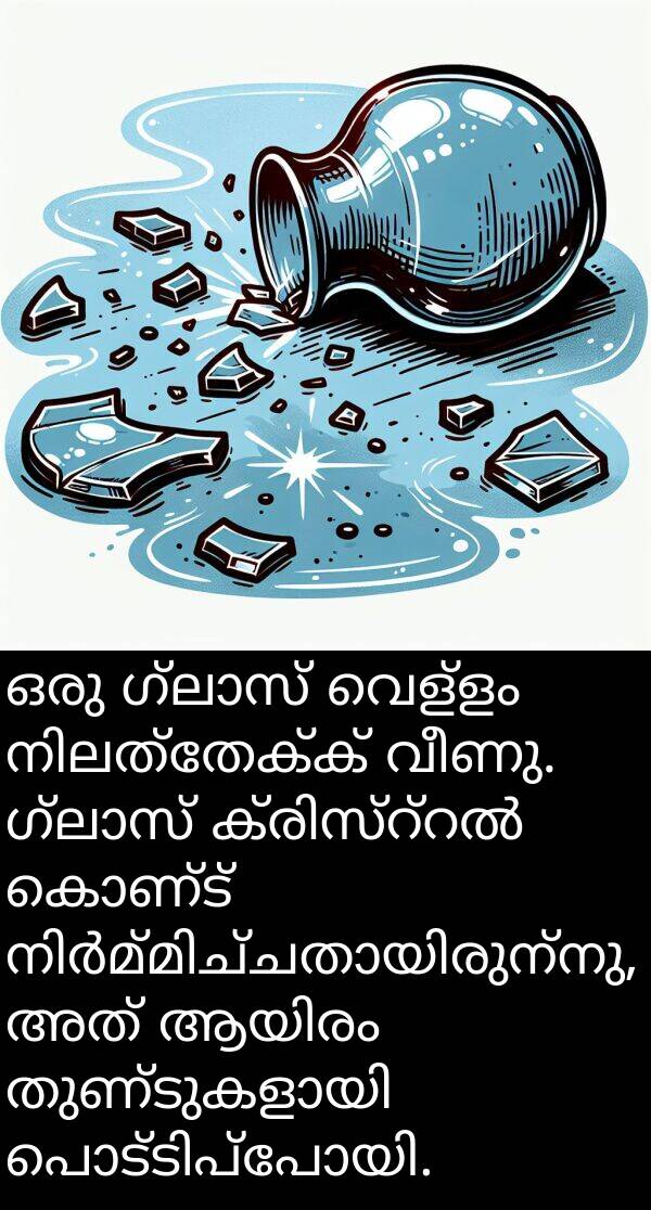 വീണു: ഒരു ഗ്ലാസ് വെള്ളം നിലത്തേക്ക് വീണു. ഗ്ലാസ് ക്രിസ്റ്റൽ കൊണ്ട് നിർമ്മിച്ചതായിരുന്നു, അത് ആയിരം തുണ്ടുകളായി പൊട്ടിപ്പോയി.