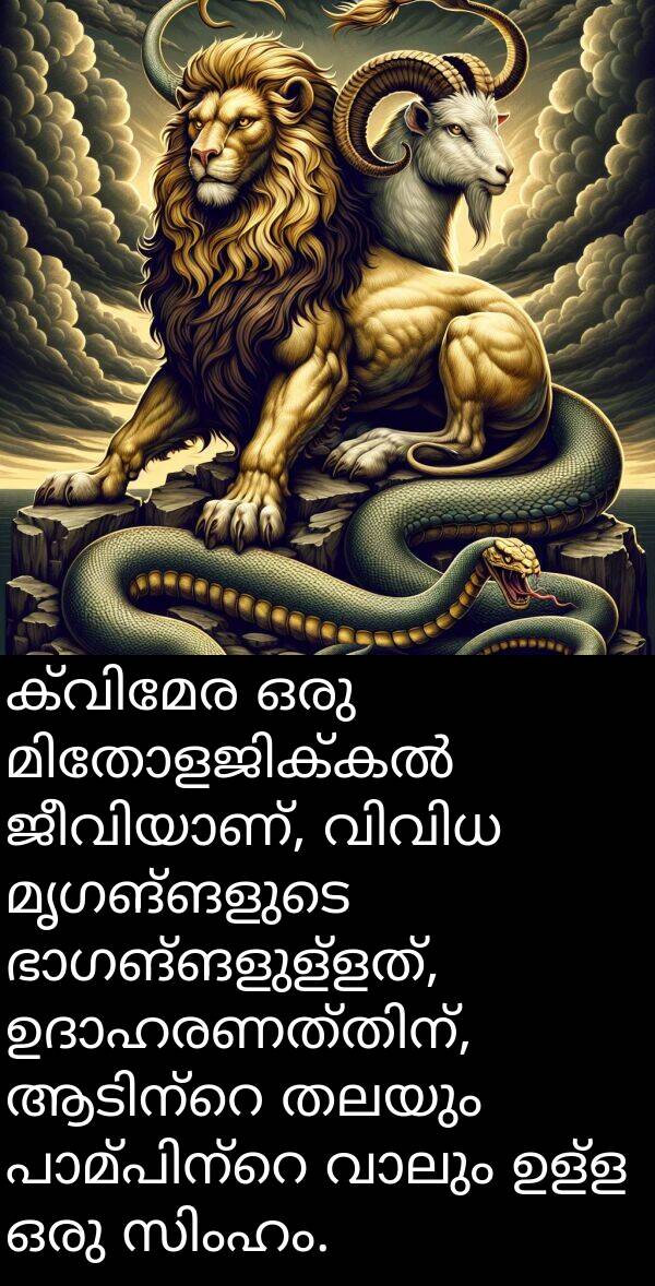 മൃഗങ്ങളുടെ: ക്വിമേര ഒരു മിതോളജിക്കൽ ജീവിയാണ്, വിവിധ മൃഗങ്ങളുടെ ഭാഗങ്ങളുള്ളത്, ഉദാഹരണത്തിന്, ആടിന്റെ തലയും പാമ്പിന്റെ വാലും ഉള്ള ഒരു സിംഹം.