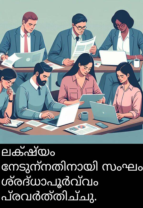 ലക്ഷ്യം: ലക്ഷ്യം നേടുന്നതിനായി സംഘം ശ്രദ്ധാപൂർവ്വം പ്രവർത്തിച്ചു.