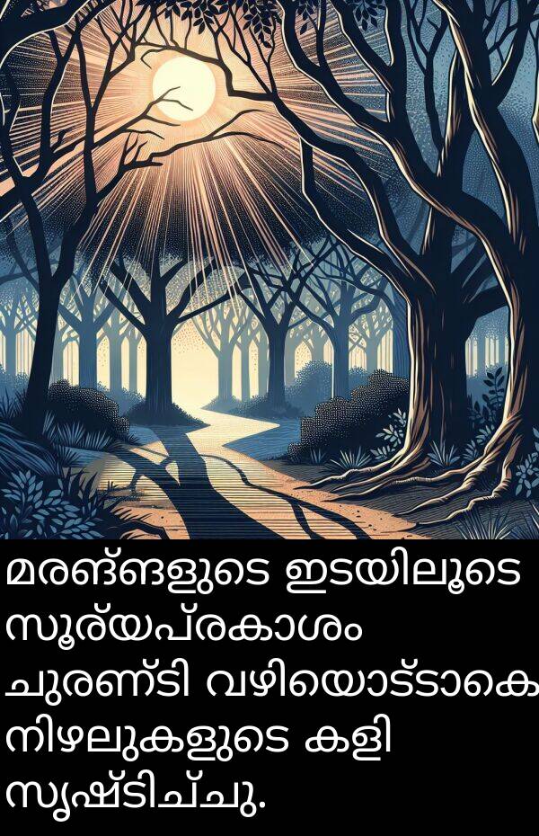 മരങ്ങളുടെ: മരങ്ങളുടെ ഇടയിലൂടെ സൂര്യപ്രകാശം ചുരണ്ടി വഴിയൊട്ടാകെ നിഴലുകളുടെ കളി സൃഷ്ടിച്ചു.