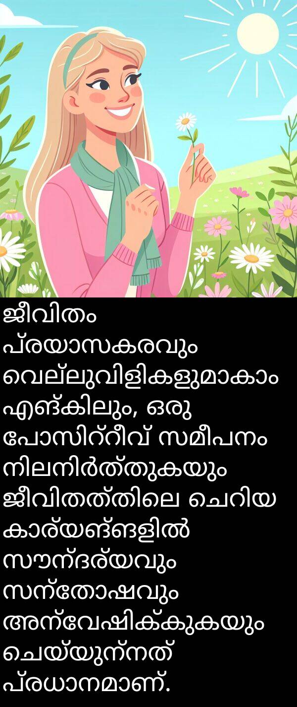 സന്തോഷവും: ജീവിതം പ്രയാസകരവും വെല്ലുവിളികളുമാകാം എങ്കിലും, ഒരു പോസിറ്റീവ് സമീപനം നിലനിർത്തുകയും ജീവിതത്തിലെ ചെറിയ കാര്യങ്ങളിൽ സൗന്ദര്യവും സന്തോഷവും അന്വേഷിക്കുകയും ചെയ്യുന്നത് പ്രധാനമാണ്.