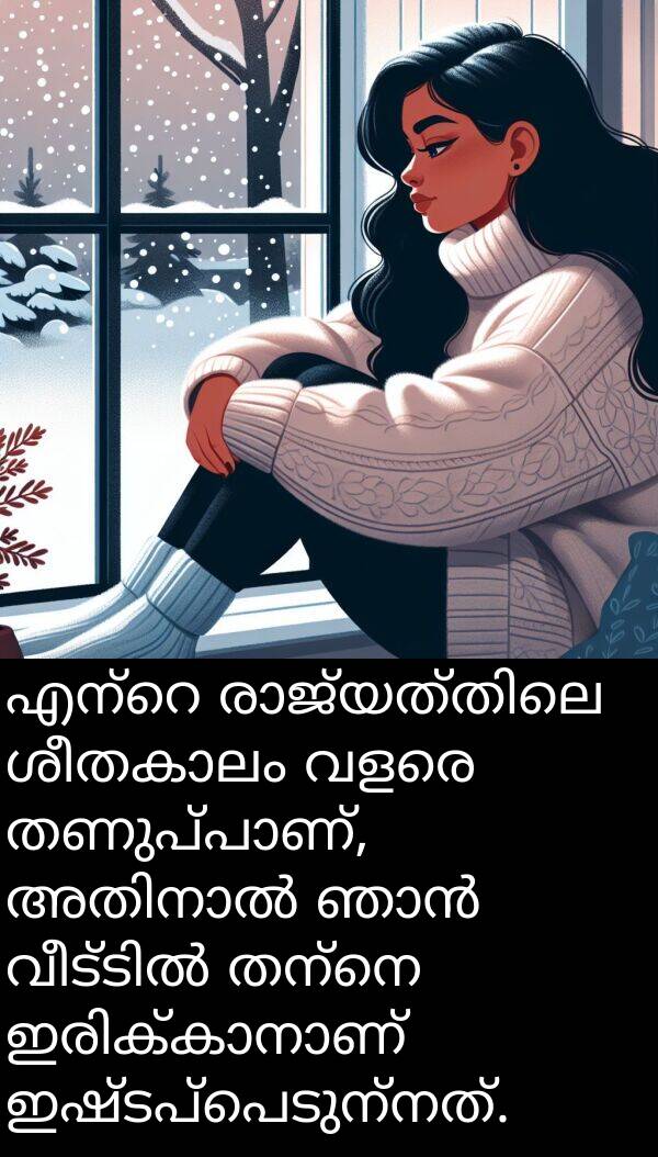 തന്നെ: എന്റെ രാജ്യത്തിലെ ശീതകാലം വളരെ തണുപ്പാണ്, അതിനാൽ ഞാൻ വീട്ടിൽ തന്നെ ഇരിക്കാനാണ് ഇഷ്ടപ്പെടുന്നത്.