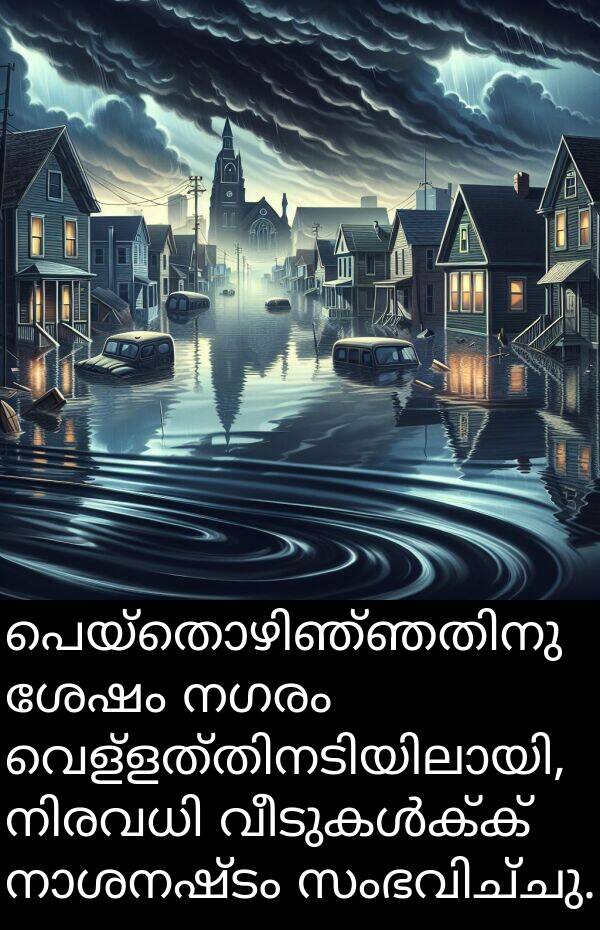 നഗരം: പെയ്തൊഴിഞ്ഞതിനു ശേഷം നഗരം വെള്ളത്തിനടിയിലായി, നിരവധി വീടുകൾക്ക് നാശനഷ്ടം സംഭവിച്ചു.
