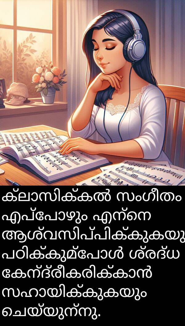 ചെയ്യുന്നു: ക്ലാസിക്കൽ സംഗീതം എപ്പോഴും എന്നെ ആശ്വസിപ്പിക്കുകയും പഠിക്കുമ്പോൾ ശ്രദ്ധ കേന്ദ്രീകരിക്കാൻ സഹായിക്കുകയും ചെയ്യുന്നു.