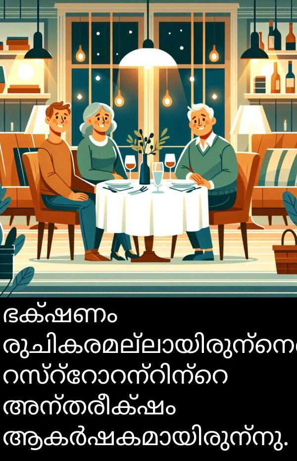 അന്തരീക്ഷം: ഭക്ഷണം രുചികരമല്ലായിരുന്നെങ്കിലും, റസ്റ്റോറന്റിന്റെ അന്തരീക്ഷം ആകർഷകമായിരുന്നു.
