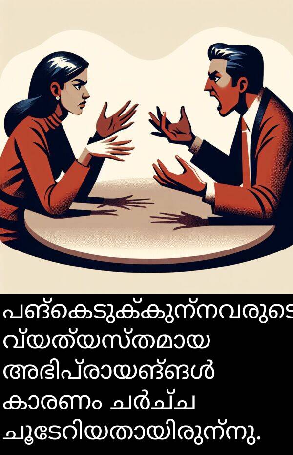 പങ്കെടുക്കുന്നവരുടെ: പങ്കെടുക്കുന്നവരുടെ വ്യത്യസ്തമായ അഭിപ്രായങ്ങൾ കാരണം ചർച്ച ചൂടേറിയതായിരുന്നു.