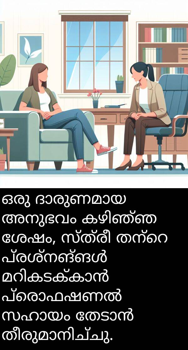 സ്ത്രീ: ഒരു ദാരുണമായ അനുഭവം കഴിഞ്ഞ ശേഷം, സ്ത്രീ തന്റെ പ്രശ്നങ്ങൾ മറികടക്കാൻ പ്രൊഫഷണൽ സഹായം തേടാൻ തീരുമാനിച്ചു.