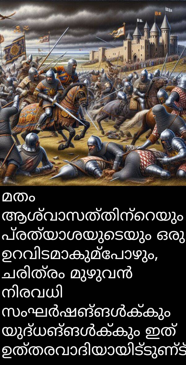 മതം: മതം ആശ്വാസത്തിന്റെയും പ്രത്യാശയുടെയും ഒരു ഉറവിടമാകുമ്പോഴും, ചരിത്രം മുഴുവൻ നിരവധി സംഘർഷങ്ങൾക്കും യുദ്ധങ്ങൾക്കും ഇത് ഉത്തരവാദിയായിട്ടുണ്ട്.