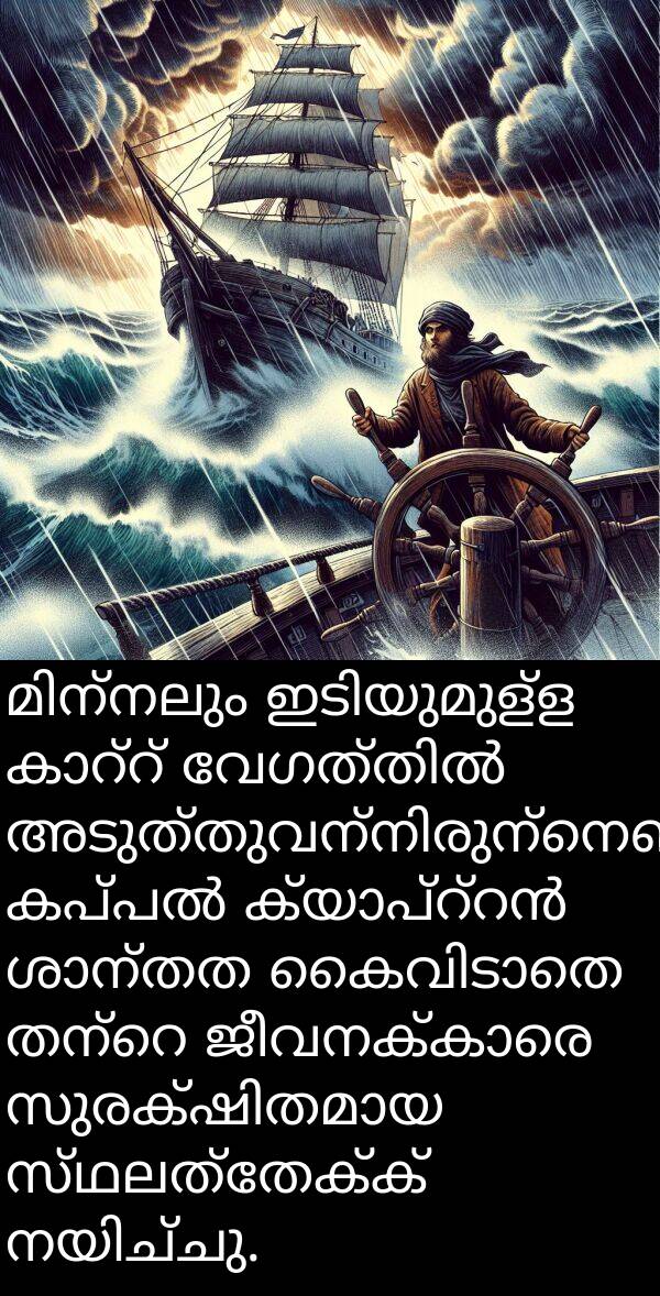സ്ഥലത്തേക്ക്: മിന്നലും ഇടിയുമുള്ള കാറ്റ് വേഗത്തിൽ അടുത്തുവന്നിരുന്നെങ്കിലും, കപ്പൽ ക്യാപ്റ്റൻ ശാന്തത കൈവിടാതെ തന്റെ ജീവനക്കാരെ സുരക്ഷിതമായ സ്ഥലത്തേക്ക് നയിച്ചു.