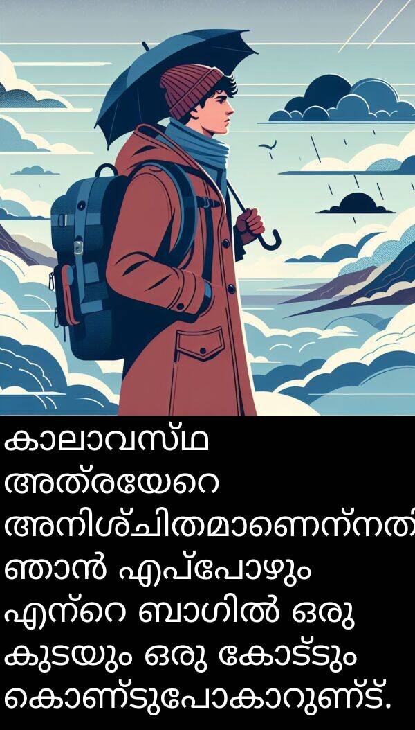 കോട്ടും: കാലാവസ്ഥ അത്രയേറെ അനിശ്ചിതമാണെന്നതിനാൽ, ഞാൻ എപ്പോഴും എന്റെ ബാഗിൽ ഒരു കുടയും ഒരു കോട്ടും കൊണ്ടുപോകാറുണ്ട്.