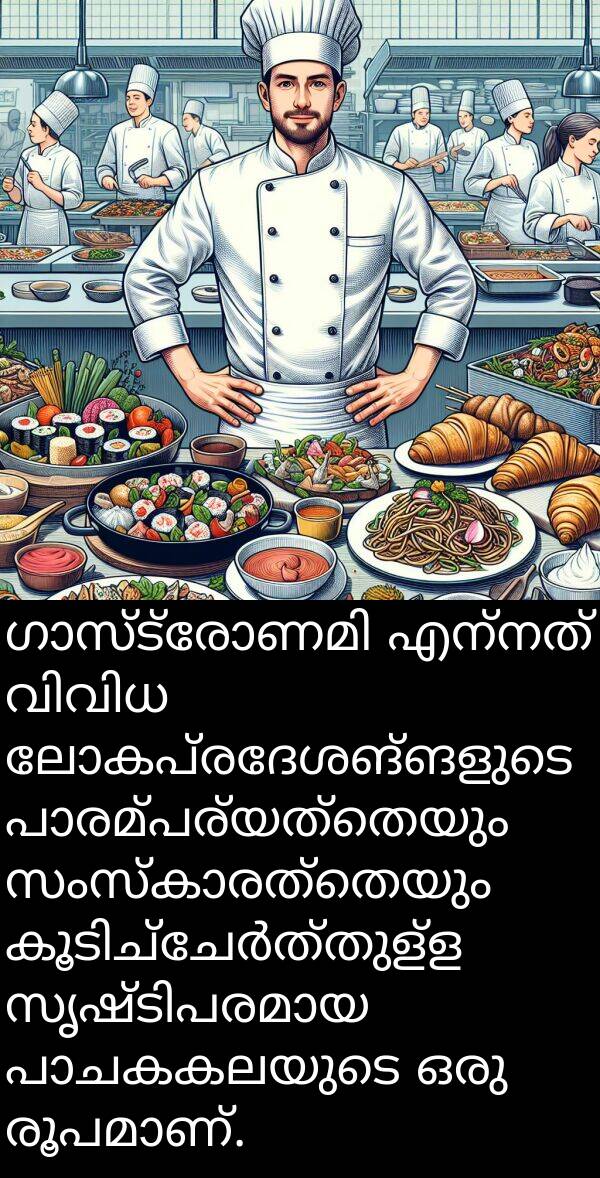 ലോകപ്രദേശങ്ങളുടെ: ഗാസ്ട്രോണമി എന്നത് വിവിധ ലോകപ്രദേശങ്ങളുടെ പാരമ്പര്യത്തെയും സംസ്കാരത്തെയും കൂടിച്ചേർത്തുള്ള സൃഷ്ടിപരമായ പാചകകലയുടെ ഒരു രൂപമാണ്.