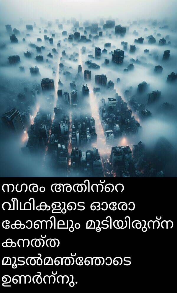 നഗരം: നഗരം അതിന്റെ വീഥികളുടെ ഓരോ കോണിലും മൂടിയിരുന്ന കനത്ത മൂടൽമഞ്ഞോടെ ഉണർന്നു.