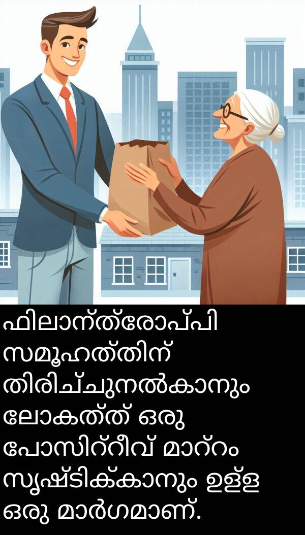 ലോകത്ത്: ഫിലാന്ത്രോപ്പി സമൂഹത്തിന് തിരിച്ചുനൽകാനും ലോകത്ത് ഒരു പോസിറ്റീവ് മാറ്റം സൃഷ്ടിക്കാനും ഉള്ള ഒരു മാർഗമാണ്.