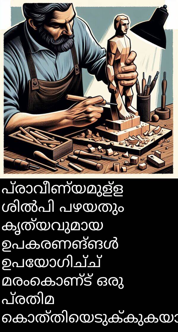 പഴയതും: പ്രാവീണ്യമുള്ള ശിൽപി പഴയതും കൃത്യവുമായ ഉപകരണങ്ങൾ ഉപയോഗിച്ച് മരംകൊണ്ട് ഒരു പ്രതിമ കൊത്തിയെടുക്കുകയായിരുന്നു.