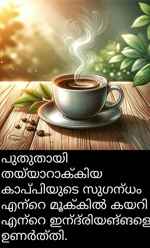 സുഗന്ധം: പുതുതായി തയ്യാറാക്കിയ കാപ്പിയുടെ സുഗന്ധം എന്റെ മൂക്കിൽ കയറി എന്റെ ഇന്ദ്രിയങ്ങളെ ഉണർത്തി.